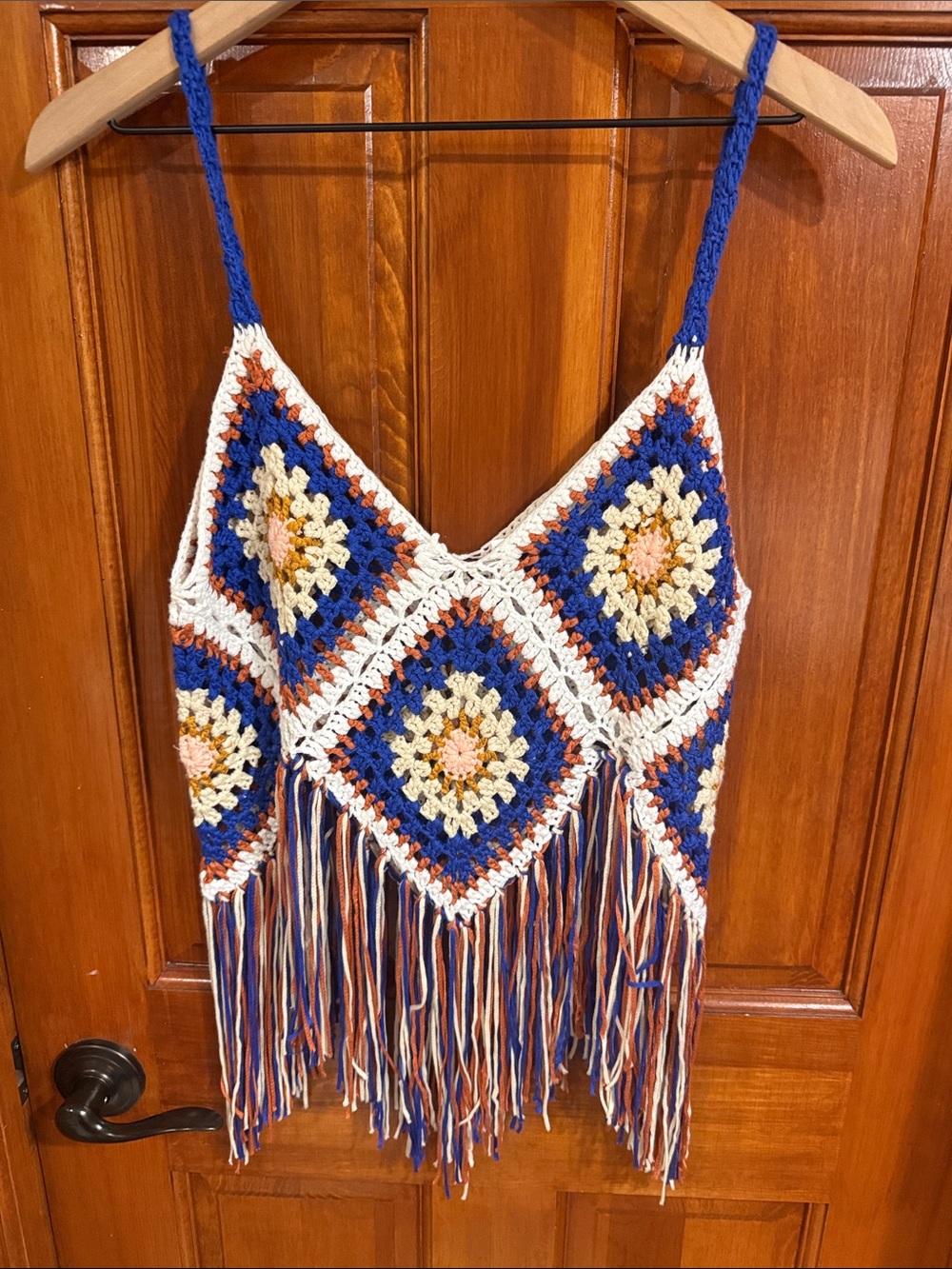 Blue & Cream Crochet Fringe Tank Top